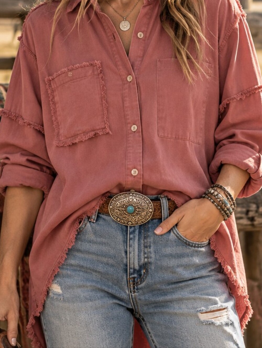 AEMI + CO Dusty Rose Raw Edge Oversized Button Down Shirt Small Boho